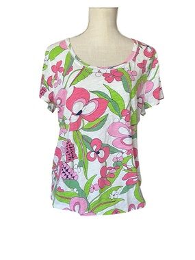 Talbots Floral Scoop Neck Cotton Top Pink Green Preppy Summer Blouse XL